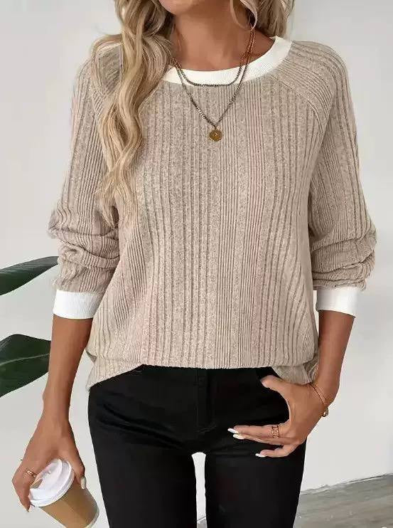 Relaxed Ribbed Jumper With Contrast Crew Neck – Beige