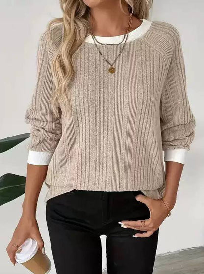 Relaxed Ribbed Jumper With Contrast Crew Neck – Beige
