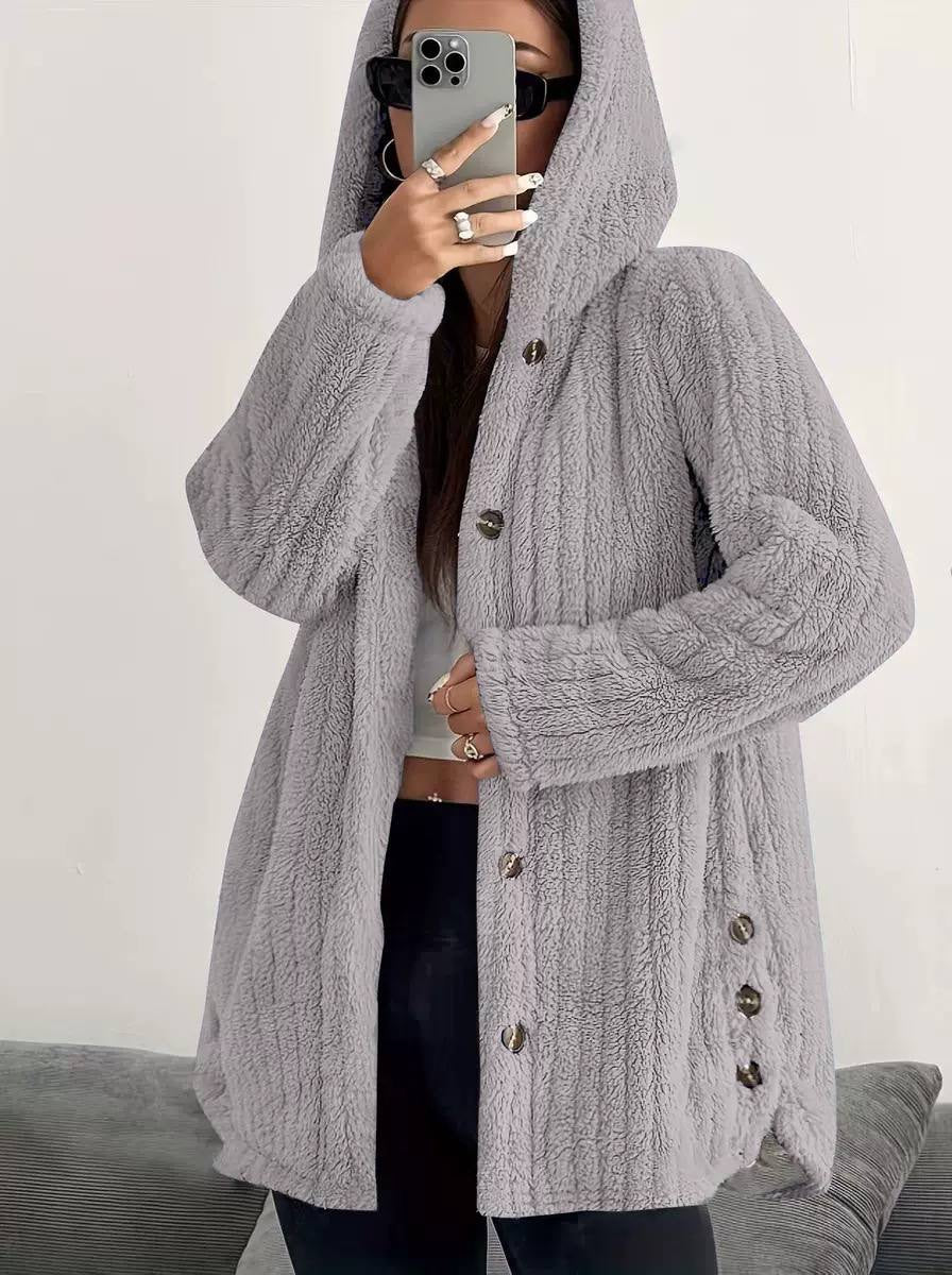 Relaxed Hooded Coat With Button Front And Side Detailing – Light Grey