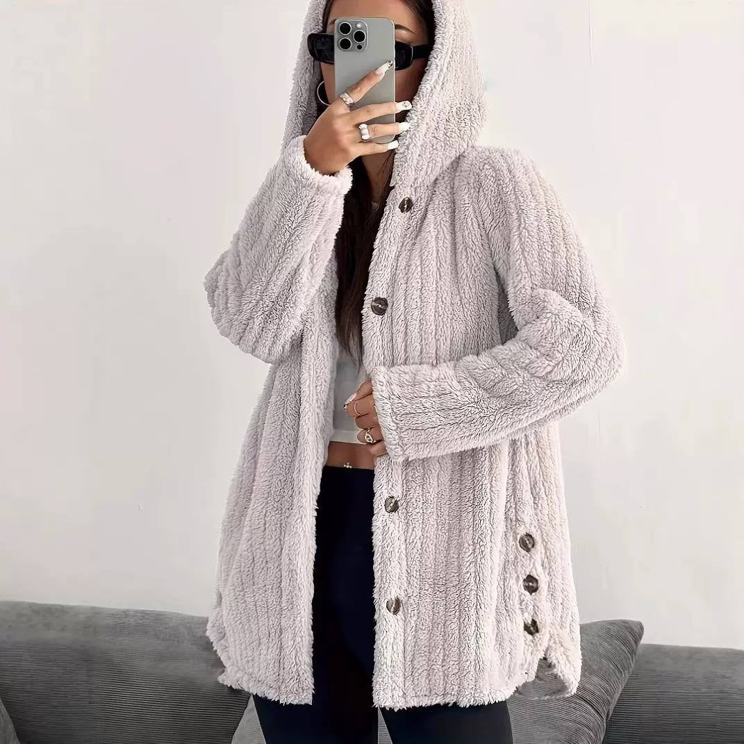 Relaxed Hooded Coat With Button Front And Side Detailing – Cream
