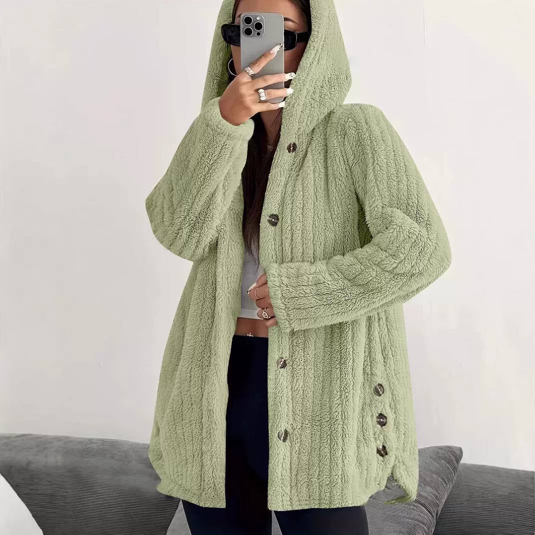 Relaxed Hooded Coat With Button Front And Side Detailing – Light Green