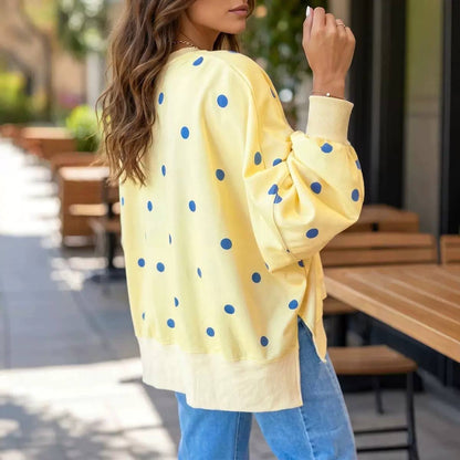 Relaxed Polka Dot Sweatshirt With Crew Neck And Side Splits – Yellow Polka Dot