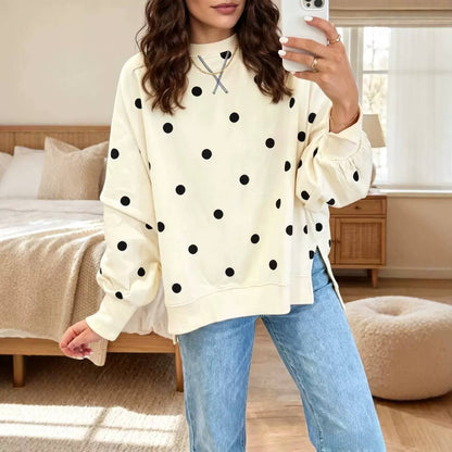 Relaxed Polka Dot Sweatshirt With Crew Neck And Side Splits – Cream Polka Dot