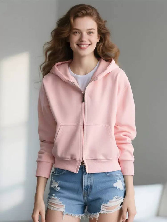 Relaxed Hooded Zip-Up Jacket With Front Pockets – Pink
