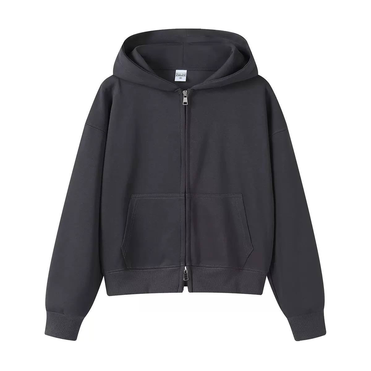 Relaxed Hooded Zip-Up Jacket With Front Pockets – Charcoal