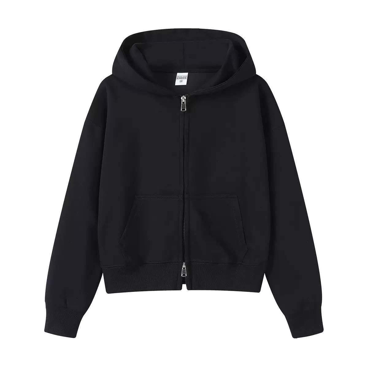 Relaxed Hooded Zip-Up Jacket With Front Pockets – Black