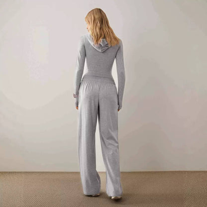 Cropped Zip-Up Hooded Top And Wide-Leg Trouser Set – Light Grey