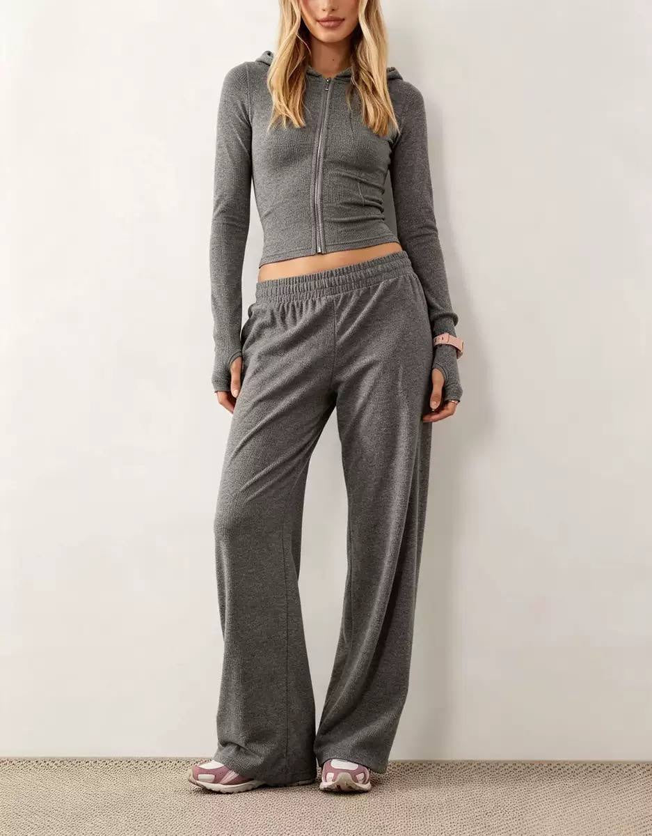 Cropped Zip-Up Hooded Top And Wide-Leg Trouser Set – Dark Grey
