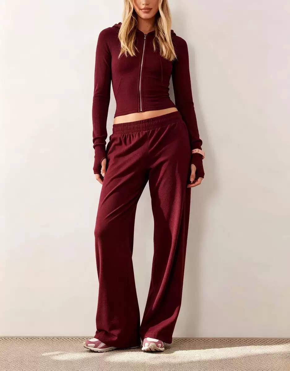 Cropped Zip-Up Hooded Top And Wide-Leg Trouser Set – Burgundy