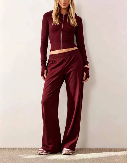 Cropped Zip-Up Hooded Top And Wide-Leg Trouser Set – Burgundy