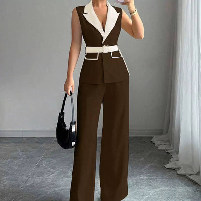 Belted Sleeveless Blazer And Wide Leg Trouser Set – Brown