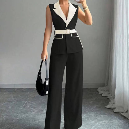 Belted Sleeveless Blazer And Wide Leg Trouser Set – Black