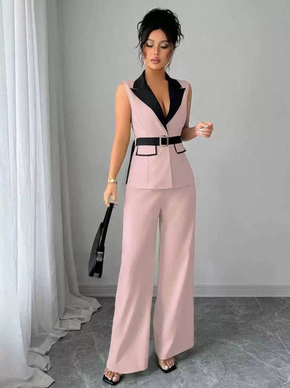 Belted Sleeveless Blazer And Wide Leg Trouser Set – Pink