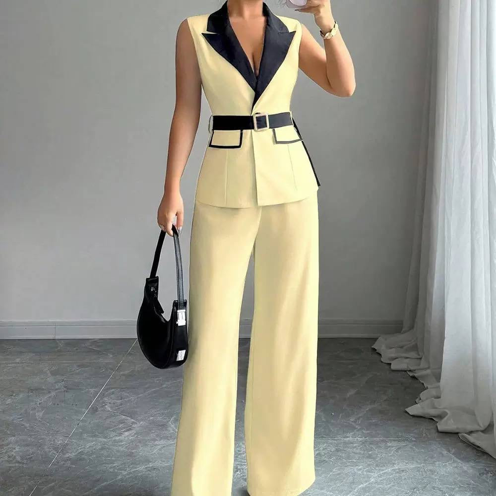 Belted Sleeveless Blazer And Wide Leg Trouser Set – Yellow