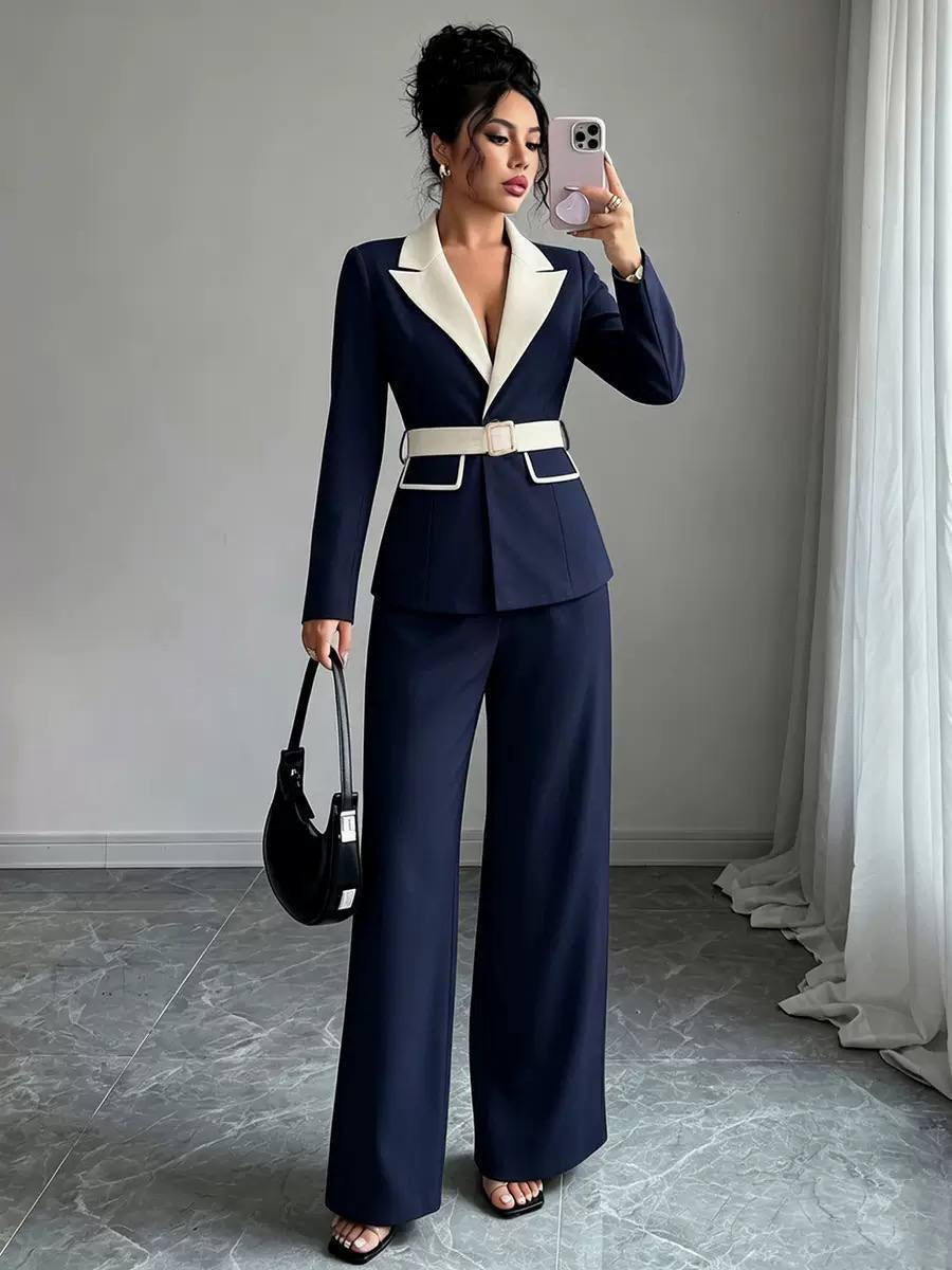 Belted Blazer And Wide-Leg Trousers Set – Navy