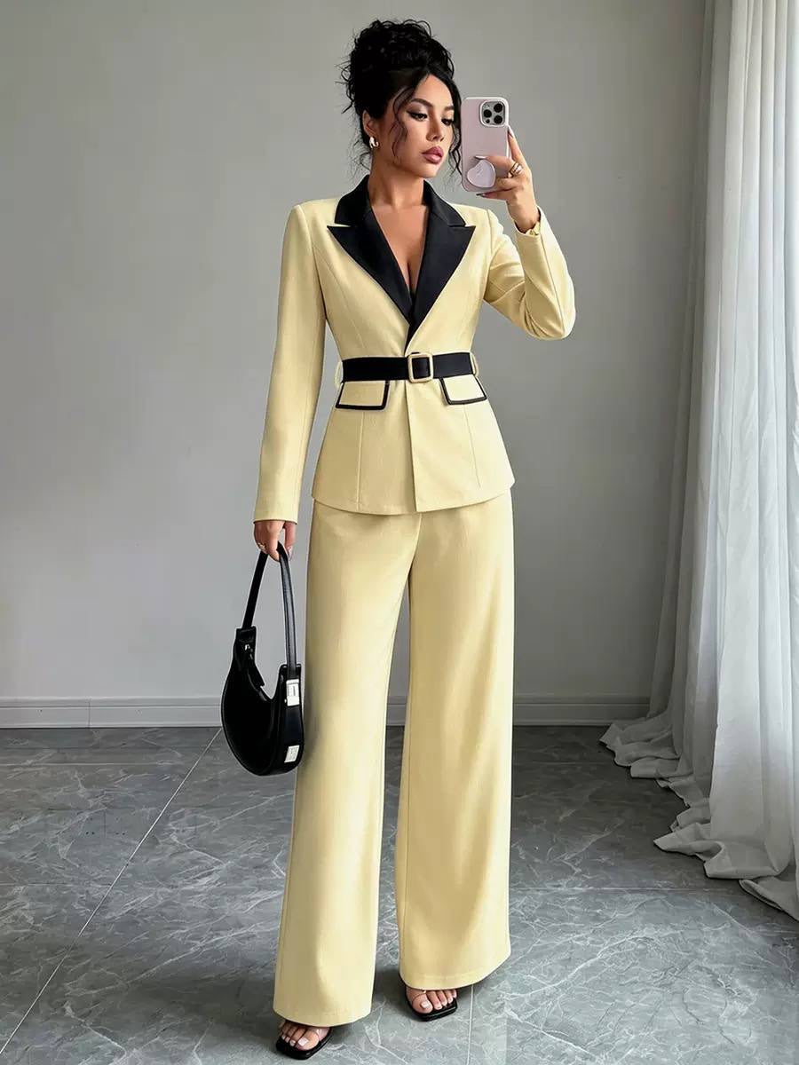 Belted Blazer And Wide-Leg Trousers Set – Yellow