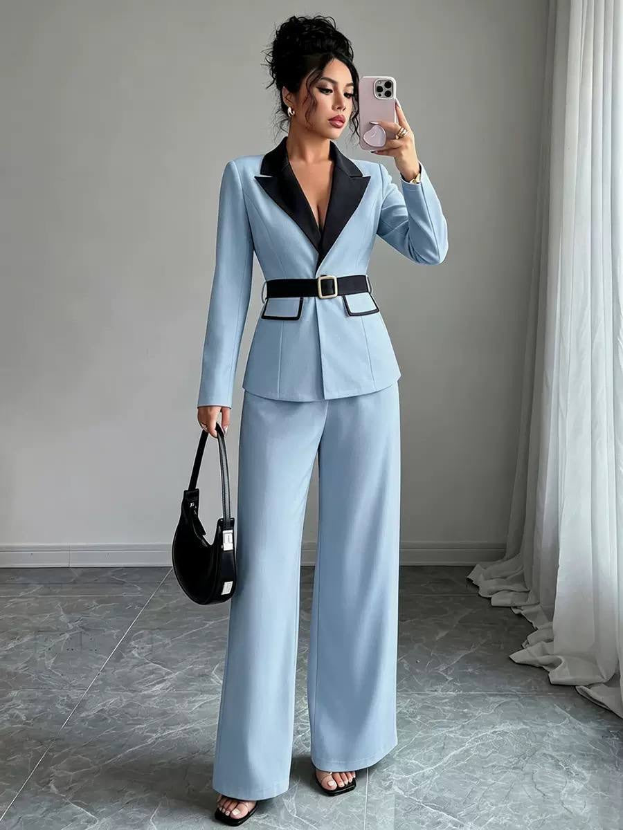 Belted Blazer And Wide-Leg Trousers Set – Light Blue