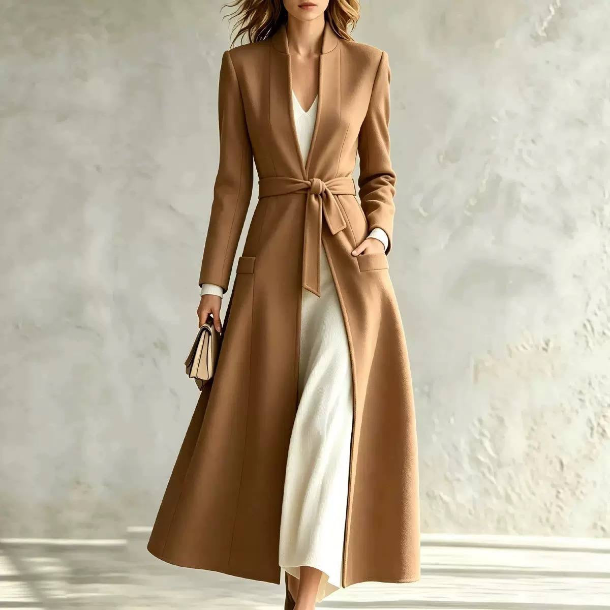 Longline Belted Coat With Stand Collar And Pockets – Camel