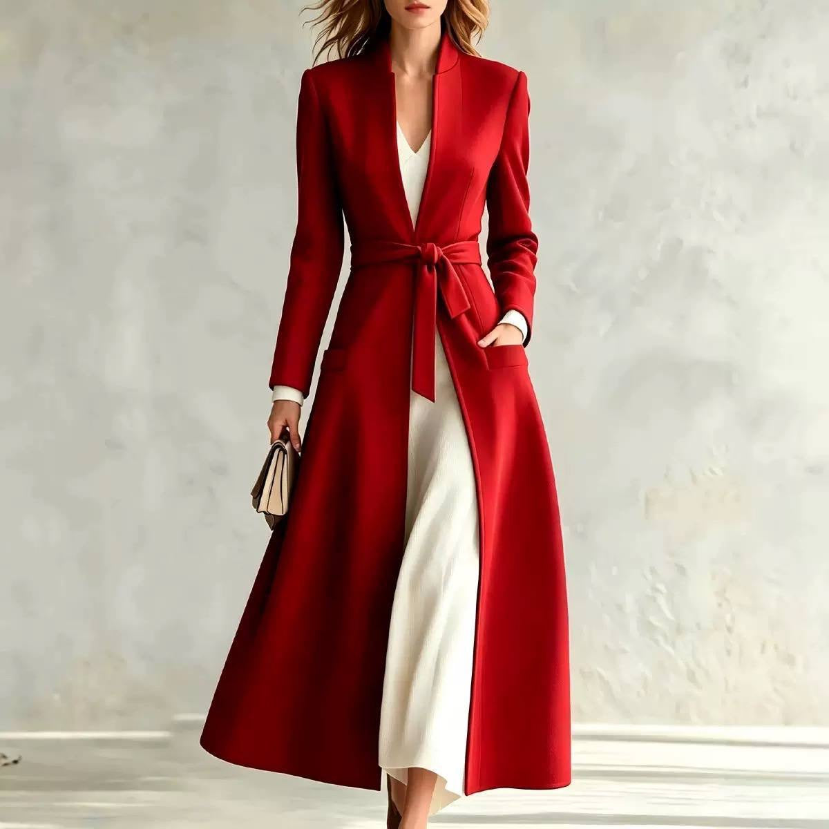 Longline Belted Coat With Stand Collar And Pockets – Red