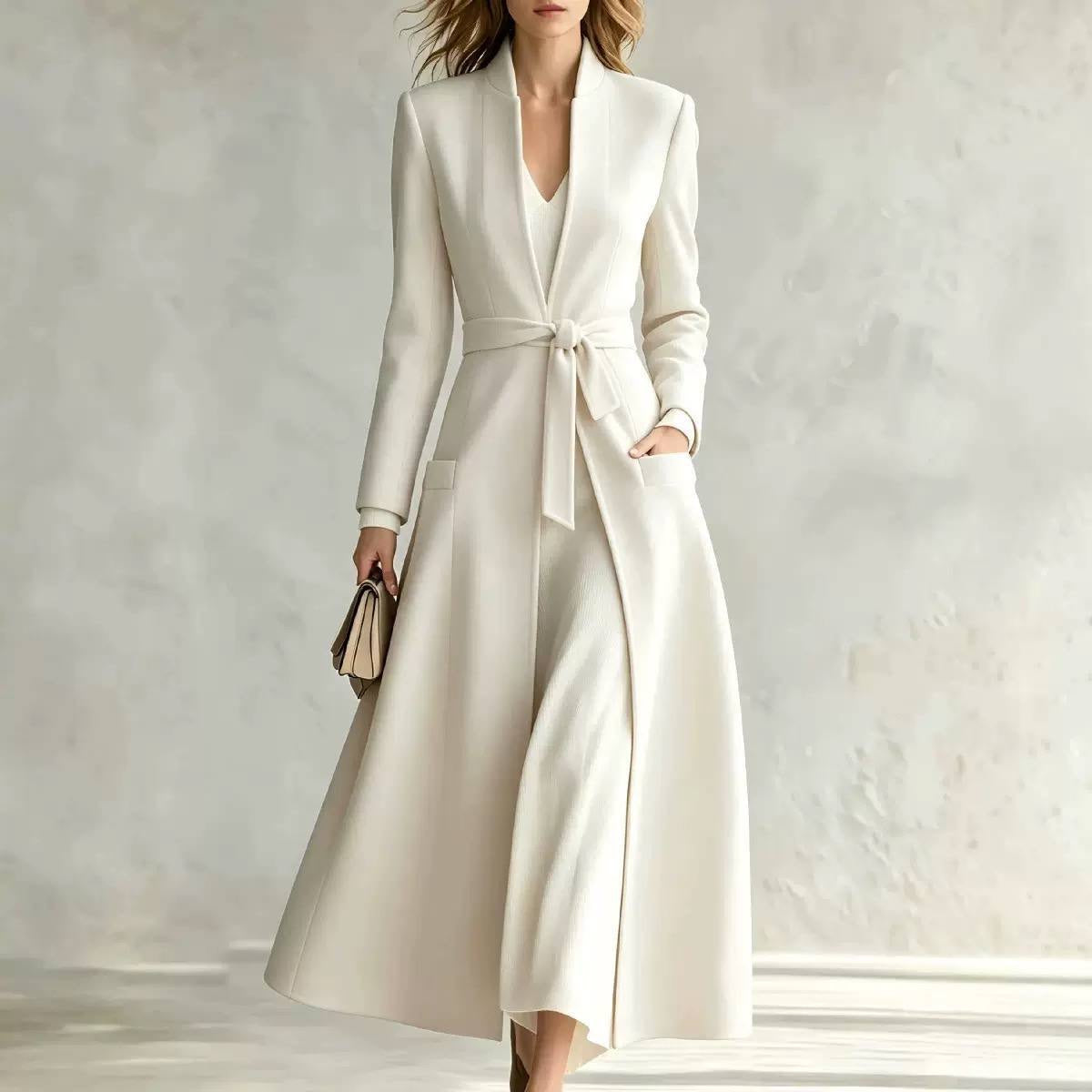 Longline Belted Coat With Stand Collar And Pockets – Ivory