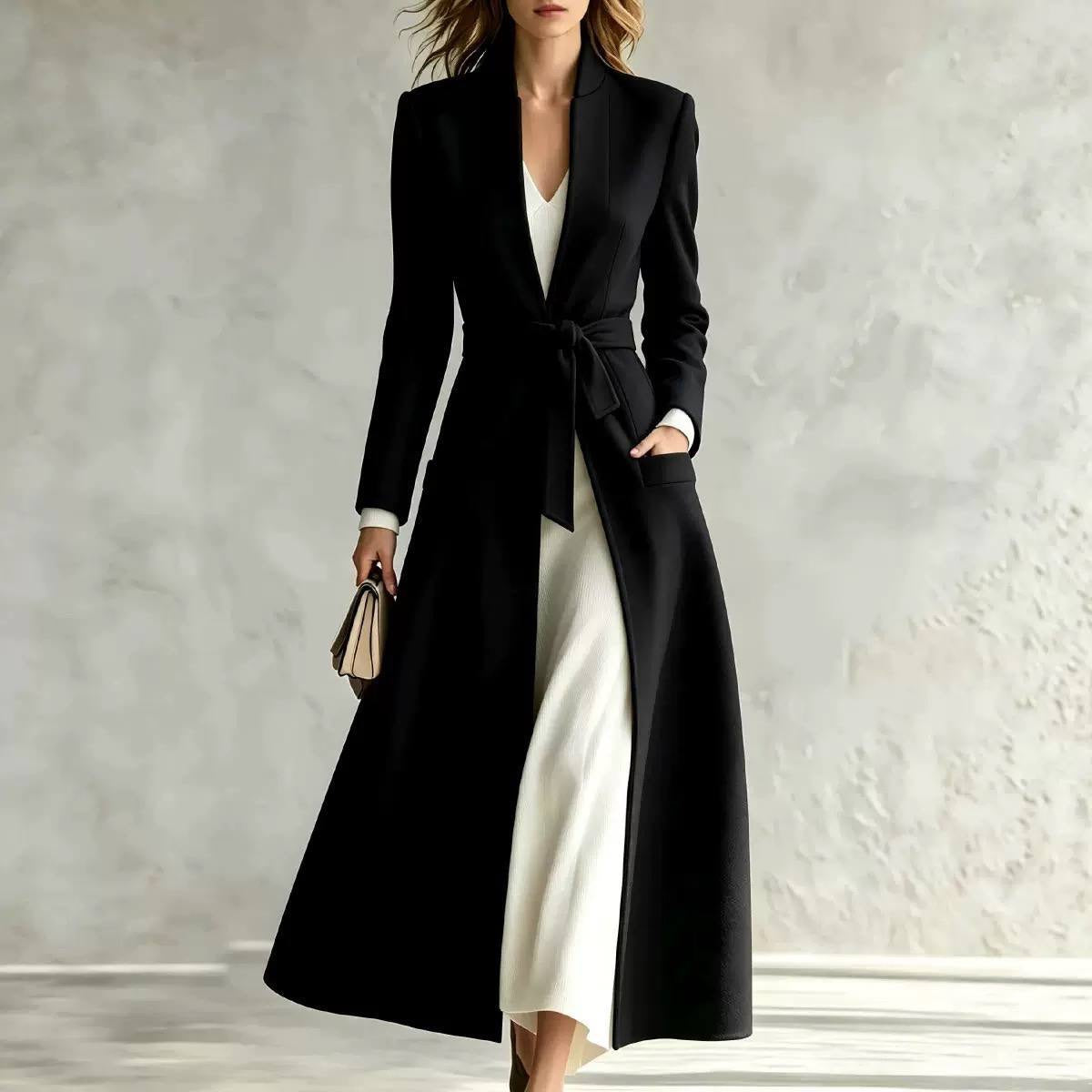 Longline Belted Coat With Stand Collar And Pockets – Black