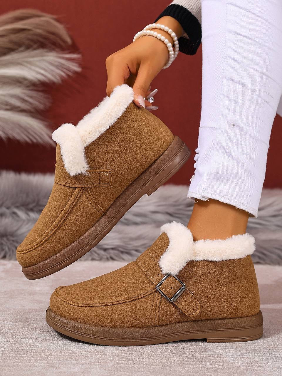 Buckle Detail Ankle Boots With Fluffy Trim – Tan