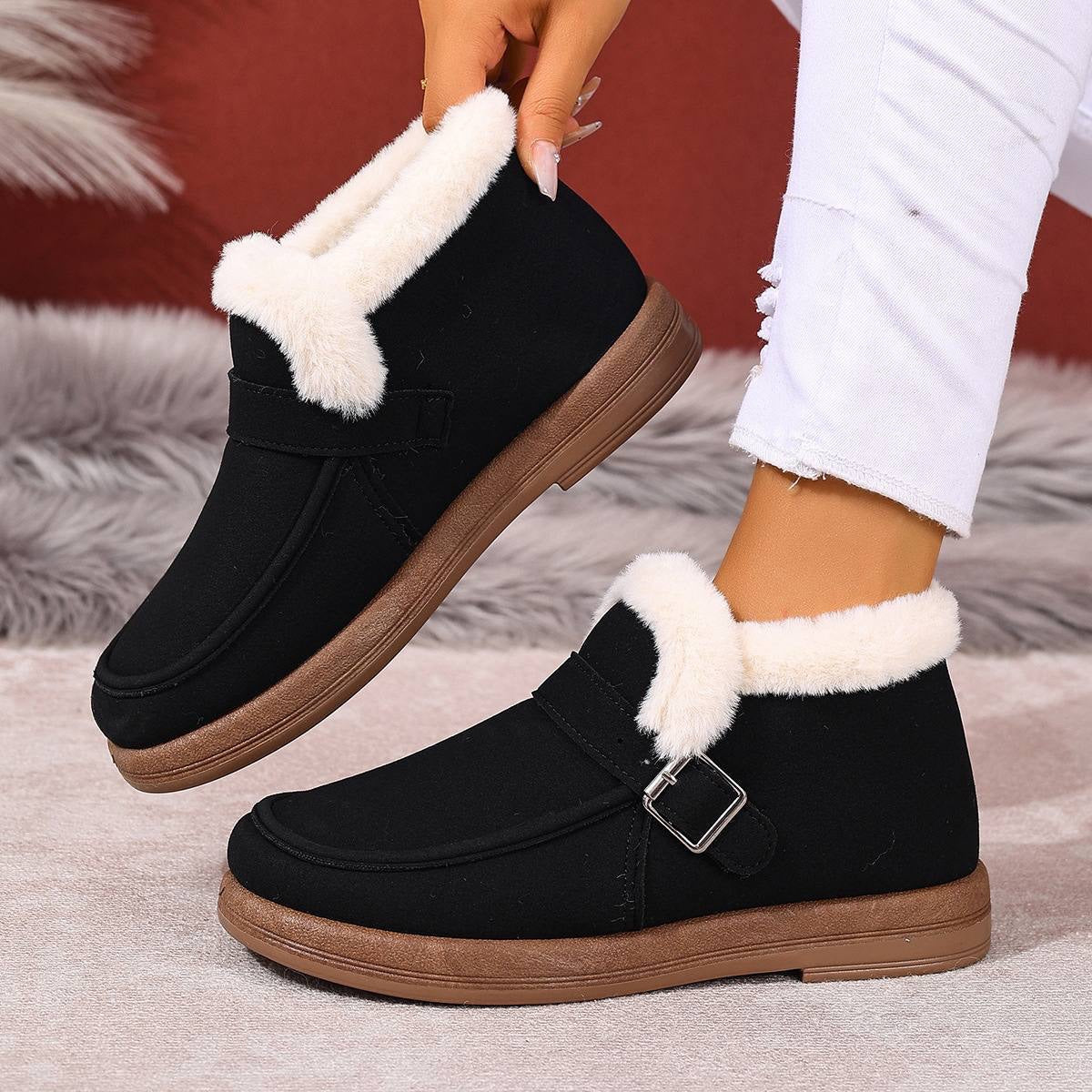 Buckle Detail Ankle Boots With Fluffy Trim – Black