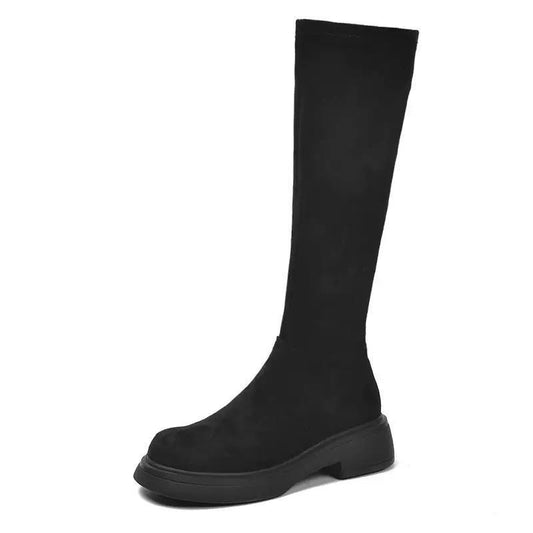 Knee-High Boots With Rounded Toe And Low Heel – Black