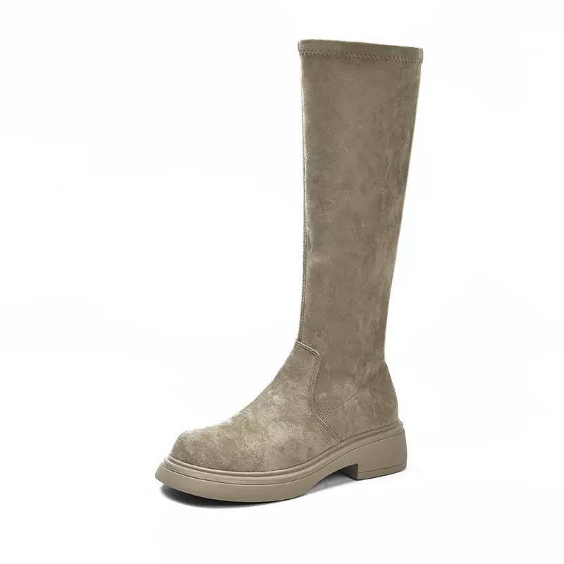 Knee-High Boots With Rounded Toe And Low Heel – Taupe