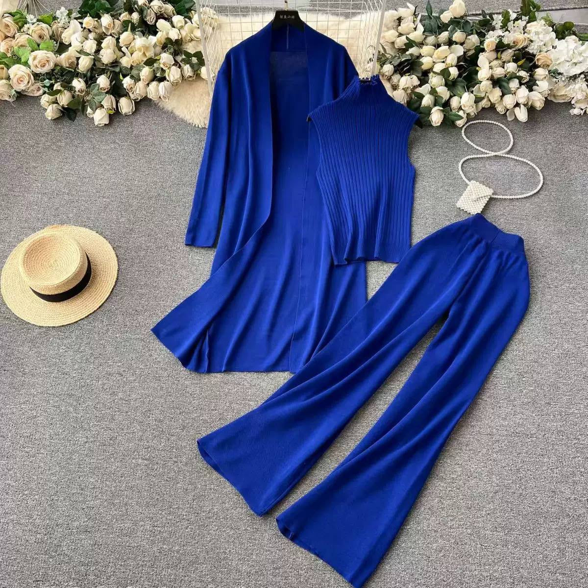 Three-Piece High Neck Top, Cardigan and Trouser Set – Royal Blue