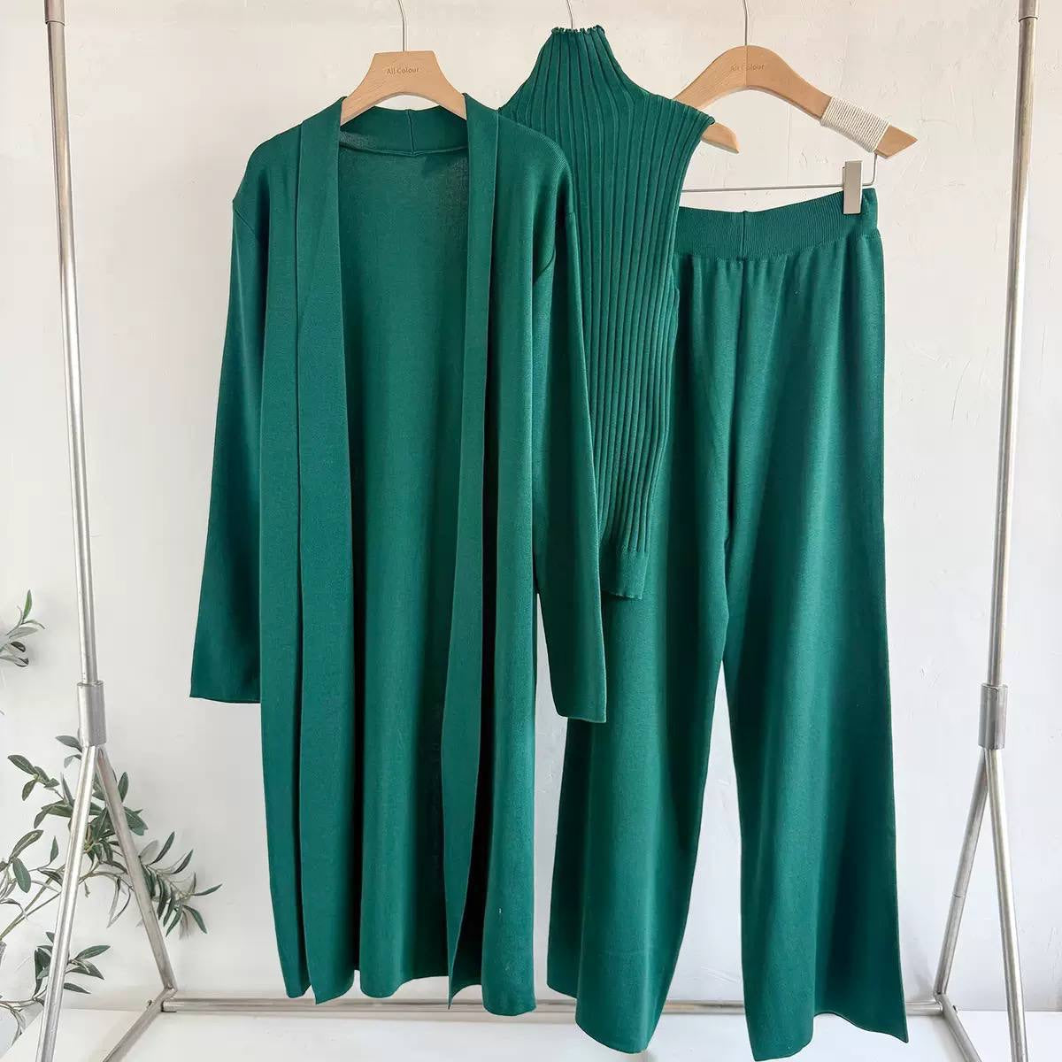 Three-Piece High Neck Top, Cardigan and Trouser Set – Green