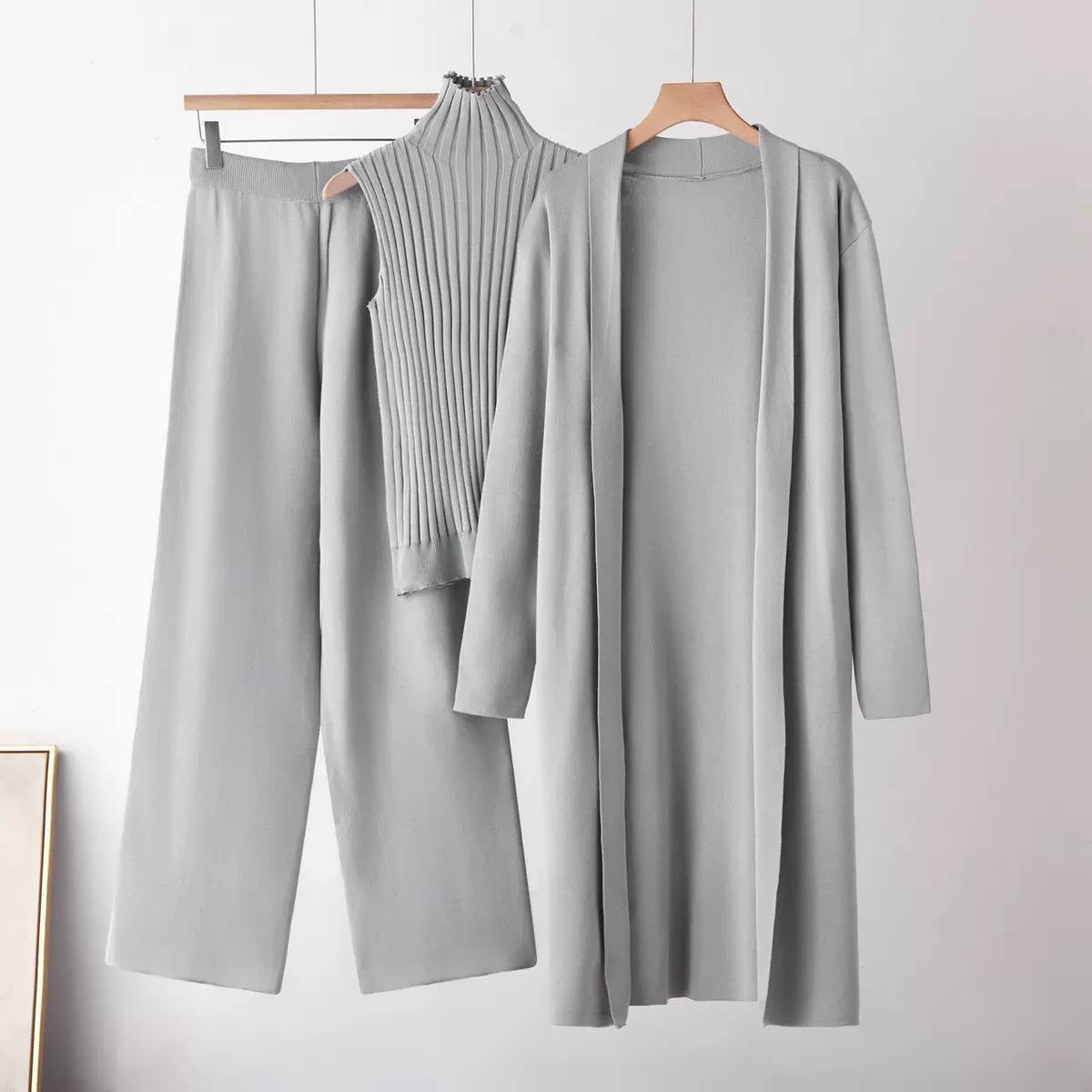 Three-Piece High Neck Top, Cardigan and Trouser Set – Light Grey