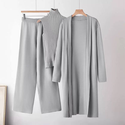 Three-Piece High Neck Top, Cardigan and Trouser Set – Light Grey