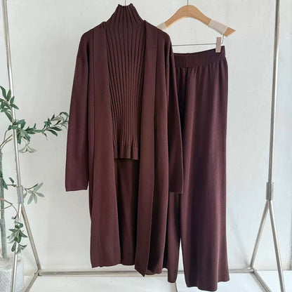 Three-Piece High Neck Top, Cardigan and Trouser Set – Brown