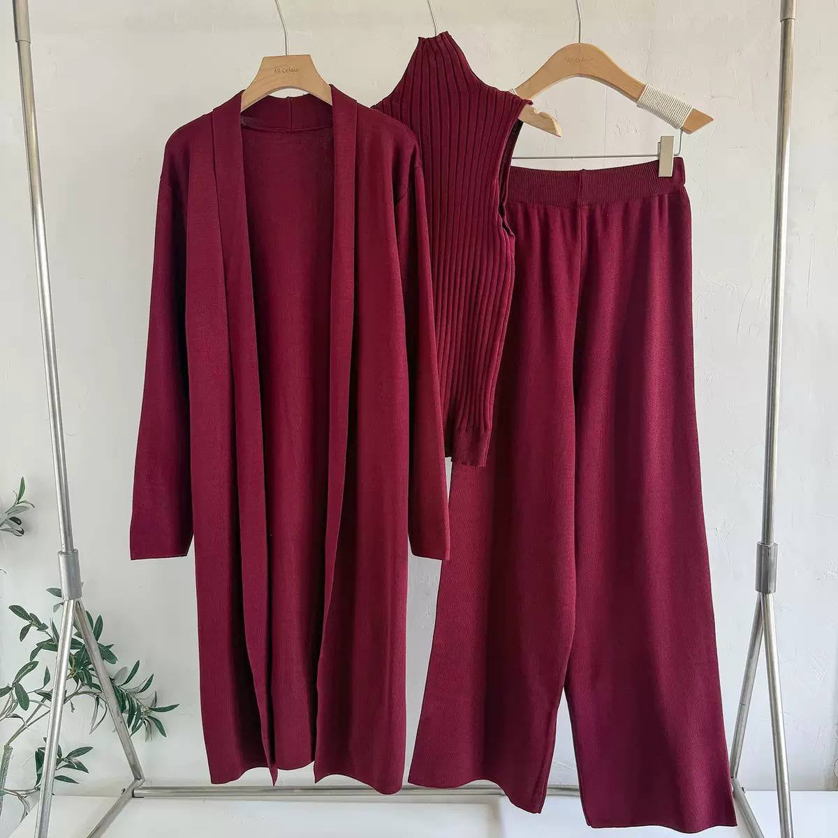 Three-Piece High Neck Top, Cardigan and Trouser Set – Burgundy