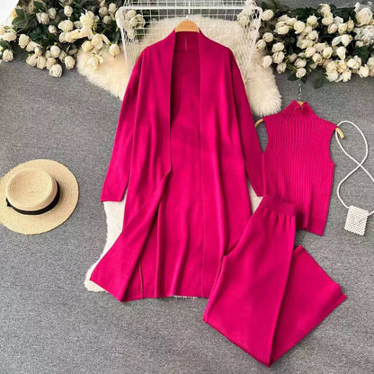 Three-Piece High Neck Top, Cardigan and Trouser Set – Hot Pink