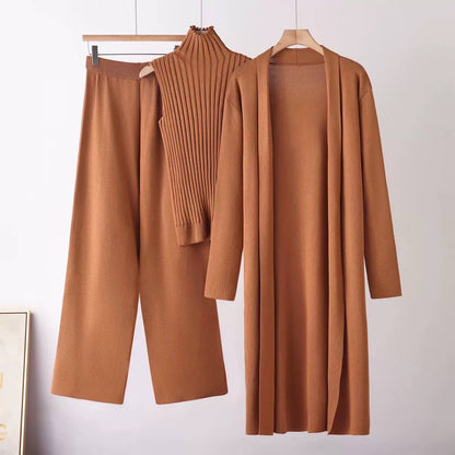 Three-Piece High Neck Top, Cardigan and Trouser Set – Tan