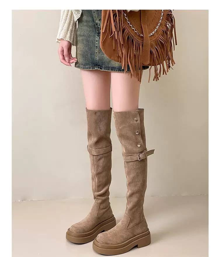 Tall Buckle Detail Boots With Chunky Soles – Taupe