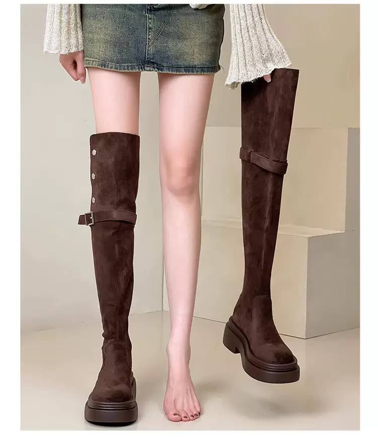 Tall Buckle Detail Boots With Chunky Soles – Dark Brown
