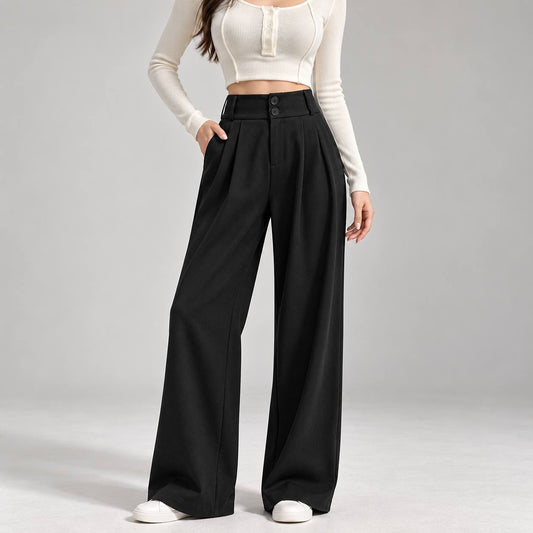 High Waisted Wide Leg Pleated Trousers With Button Detail – Black