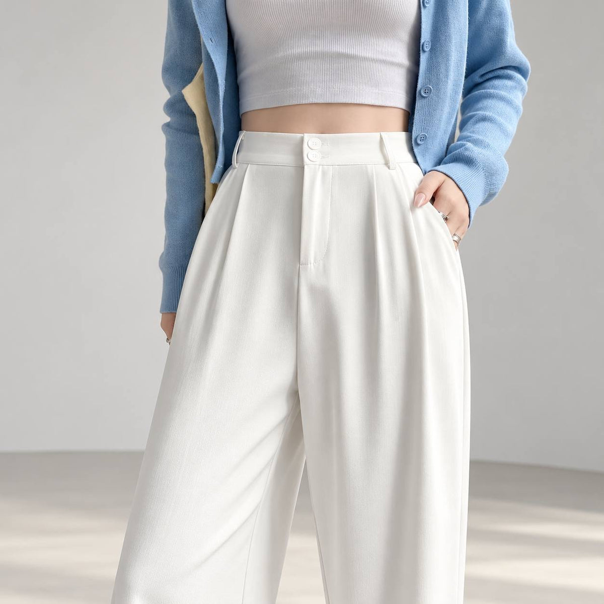 High Waisted Wide Leg Pleated Trousers With Button Detail – White