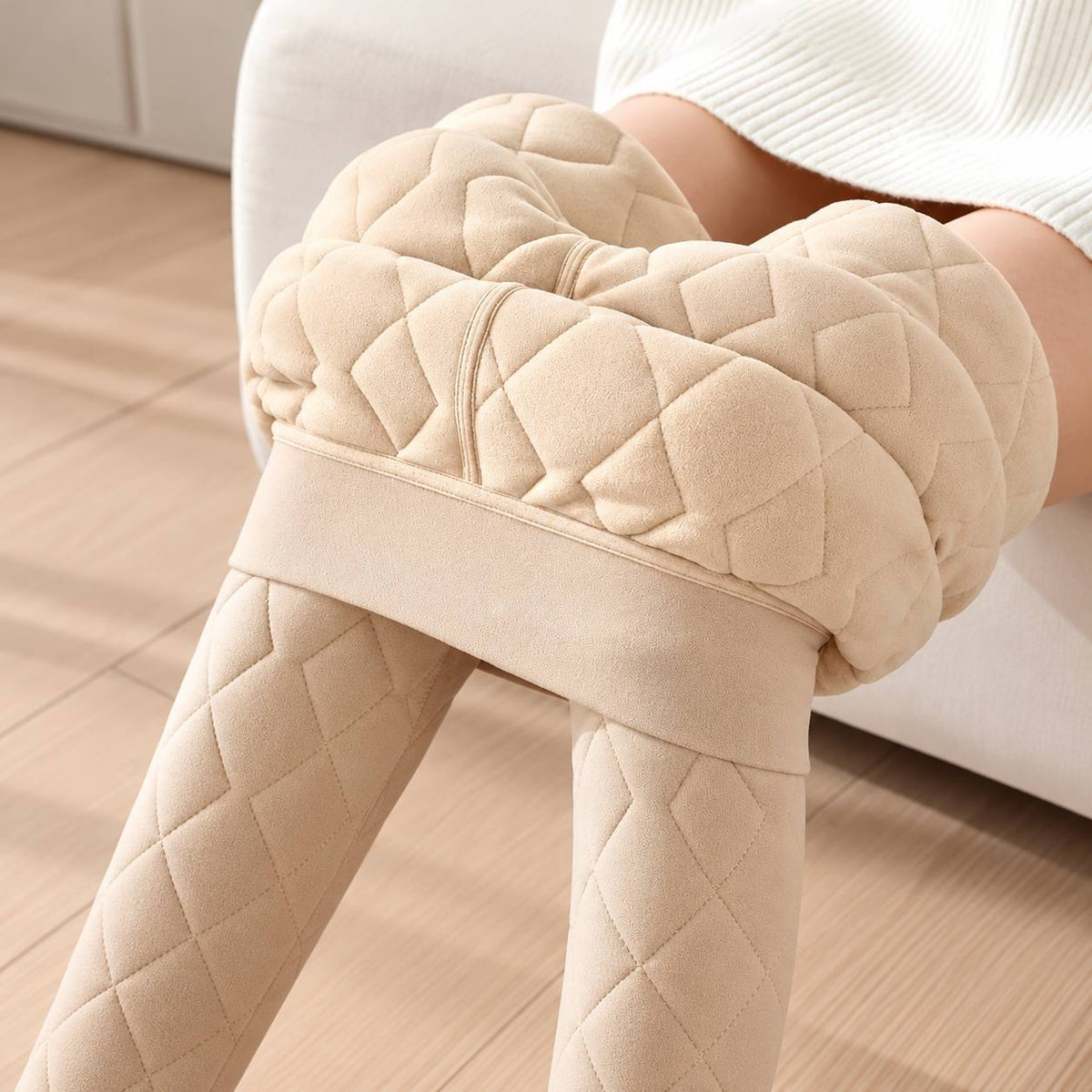Diamond Quilted Slim-Leg Trousers With Wide Waistband – Beige