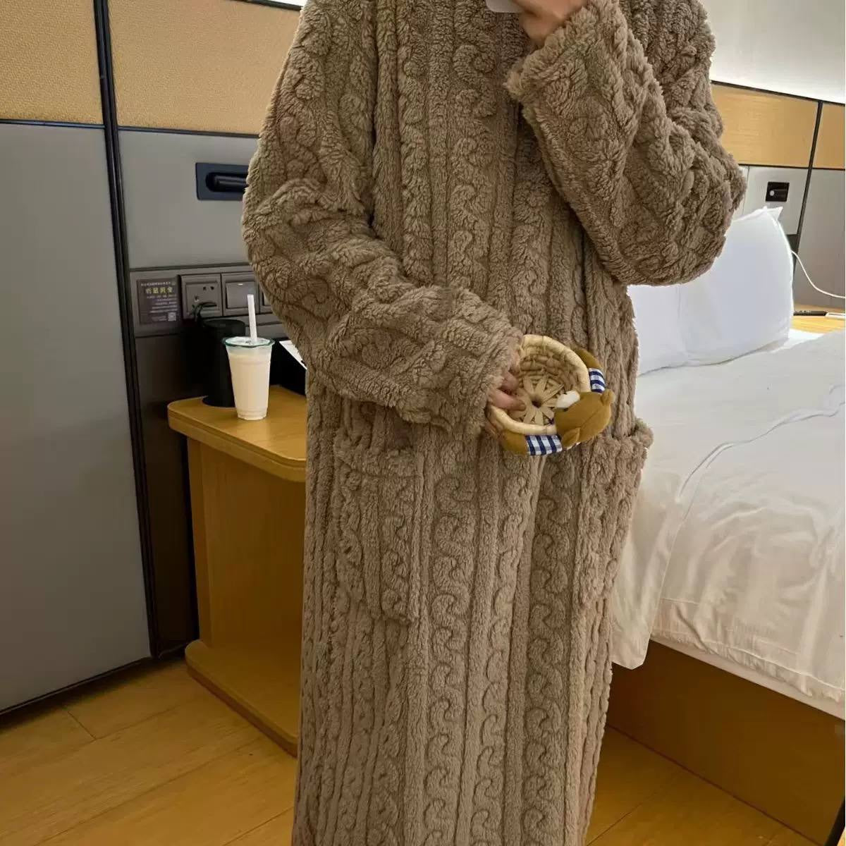 Textured Long Sleeve Lounge Dress With Patch Pockets – Taupe