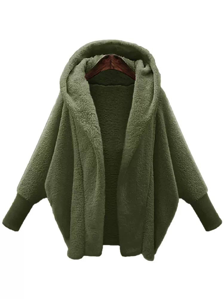 Relaxed Hooded Open-Front Jacket With Ribbed Cuffs – Olive Green
