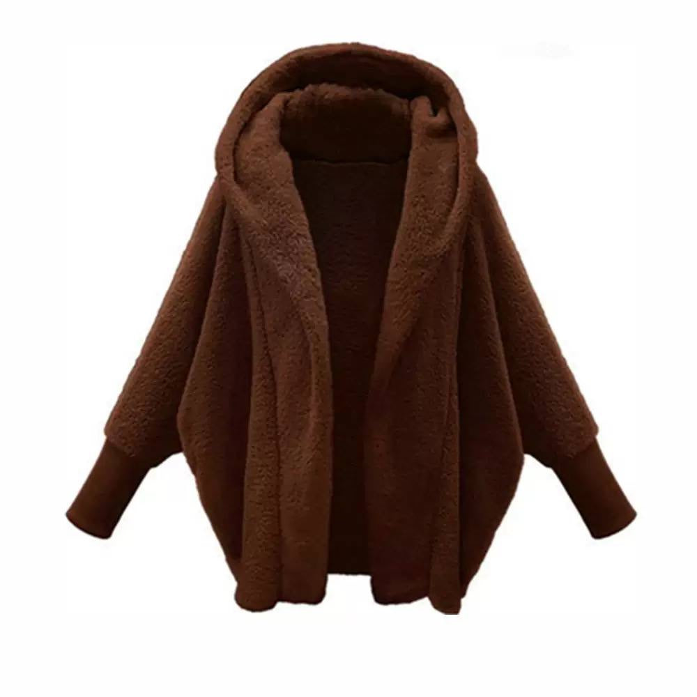 Relaxed Hooded Open-Front Jacket With Ribbed Cuffs – Brown