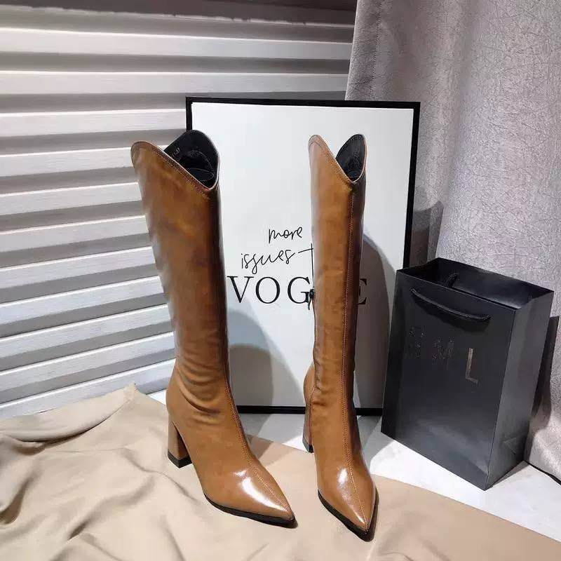 Pointed Toe Knee-High Boots With Shaped Topline – Tan