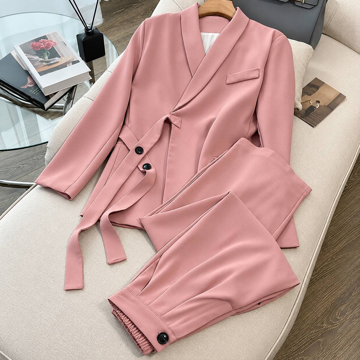 Shawl Collar Blazer and Pleated Trouser Set – Pink