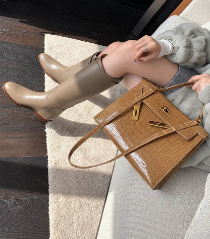 Knee-High Boots With Strap Detail And Low Heel – Taupe