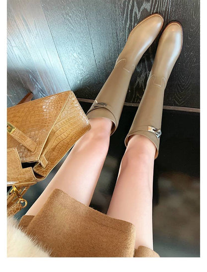 Knee-High Boots With Strap Detail And Low Heel – Taupe