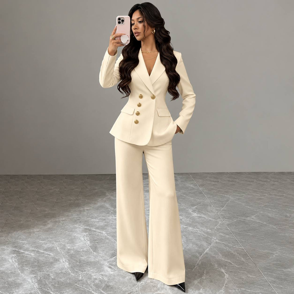 Fitted Button-Front Blazer And Wide-Leg Trouser Set – Cream